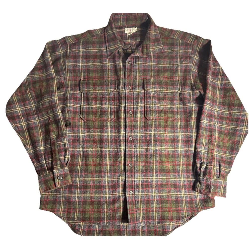 Vintage J Crew Heavyweight Plaid Flannel Shirt Mens XL Green Red Wool Blend